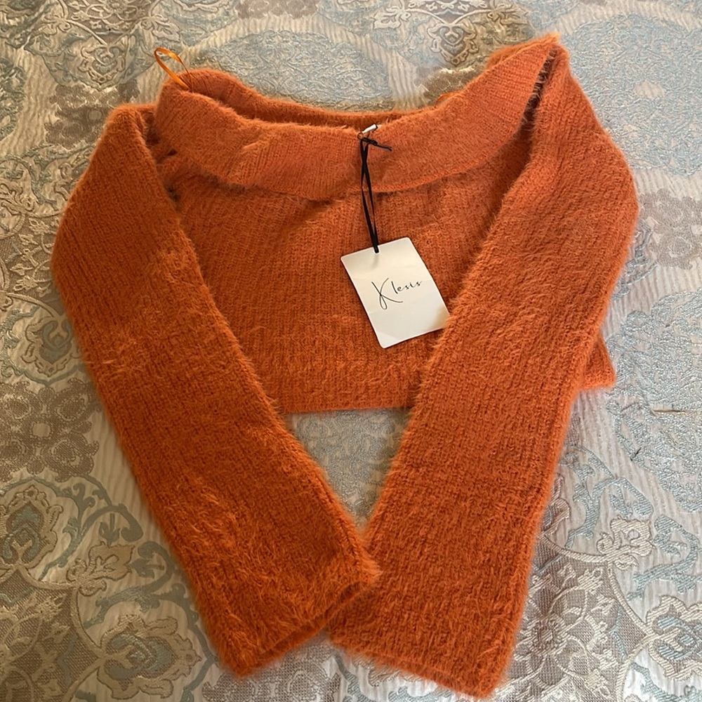 Kelsis Orange Off-Shoulder Fuzzy Sweater - Picture 2 of 8